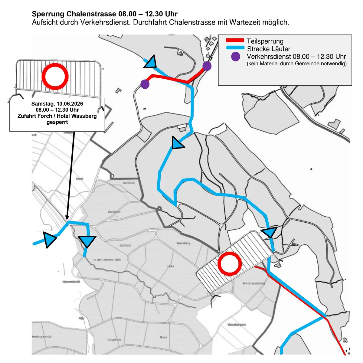 Bei der Chalenstrasse ist mit Wartezeiten zu rechnen. Man sieht eine Grafik mit dem Verkehrsregime während des Zumiker Laufs.